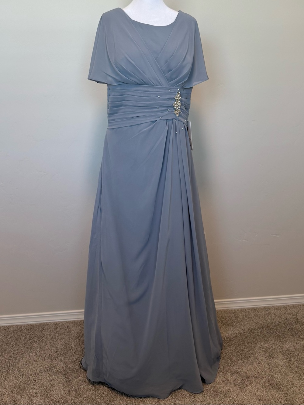 Slate Gray Blue Maxi Dress with Ruched Waist and Crystal Accent